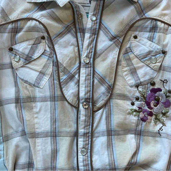 Re-Do handmade re-imagined button down. Whimsical, boho mashup of 2 shirts, S - Picture 9 of 10